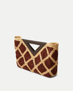 Veronica Beard Brown and beige crocheted clutch with a dark brown triangular wooden handle.