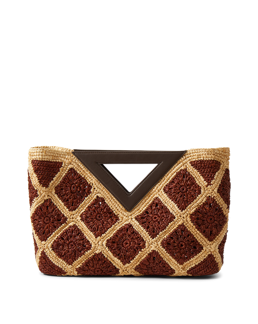 Veronica Beard Brown and tan crocheted raffia clutch with a dark brown triangular handle.