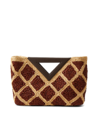Veronica Beard Brown and tan crocheted raffia clutch with a dark brown triangular handle.