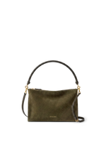 Veronica Beard Olive green suede shoulder bag with braided handle.