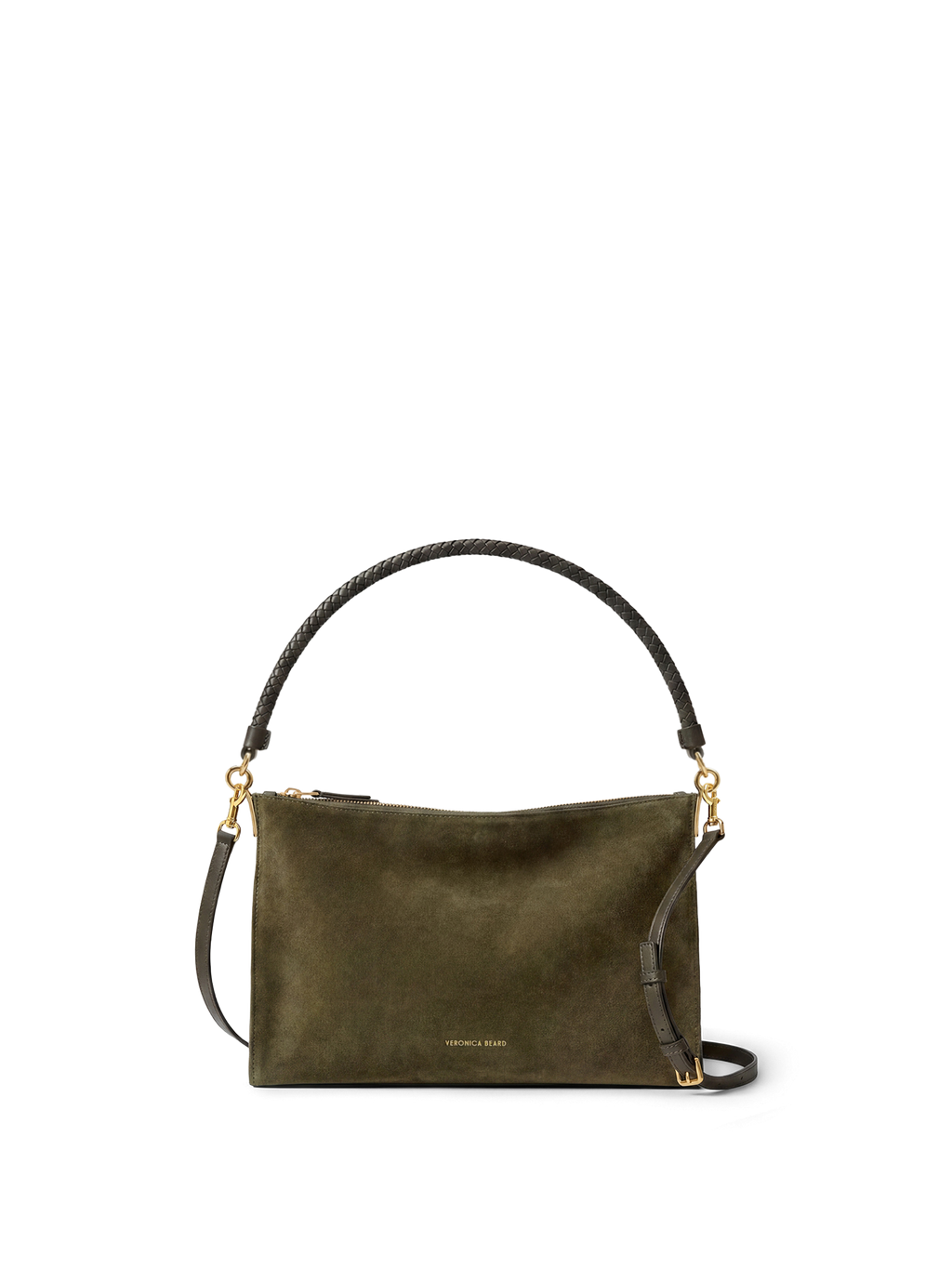 Veronica Beard Olive green suede shoulder bag with braided handle.