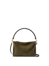 Veronica Beard Olive green suede shoulder bag with braided handle.