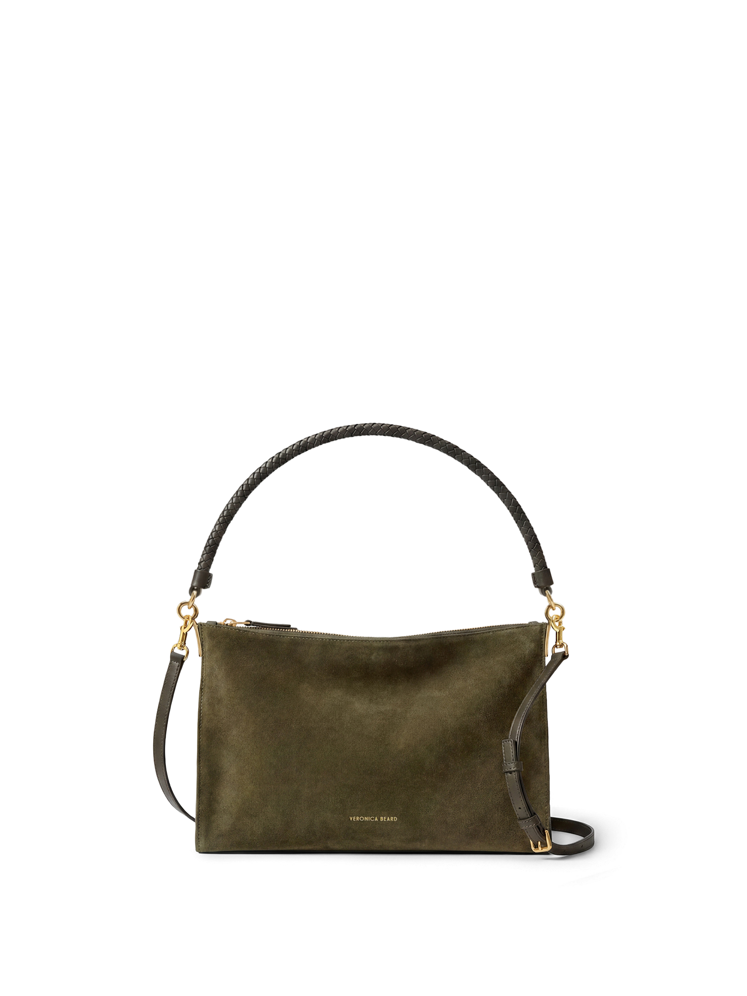 Veronica Beard Olive green suede shoulder bag with braided handle.