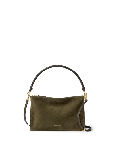 Veronica Beard Olive green suede shoulder bag with braided handle.