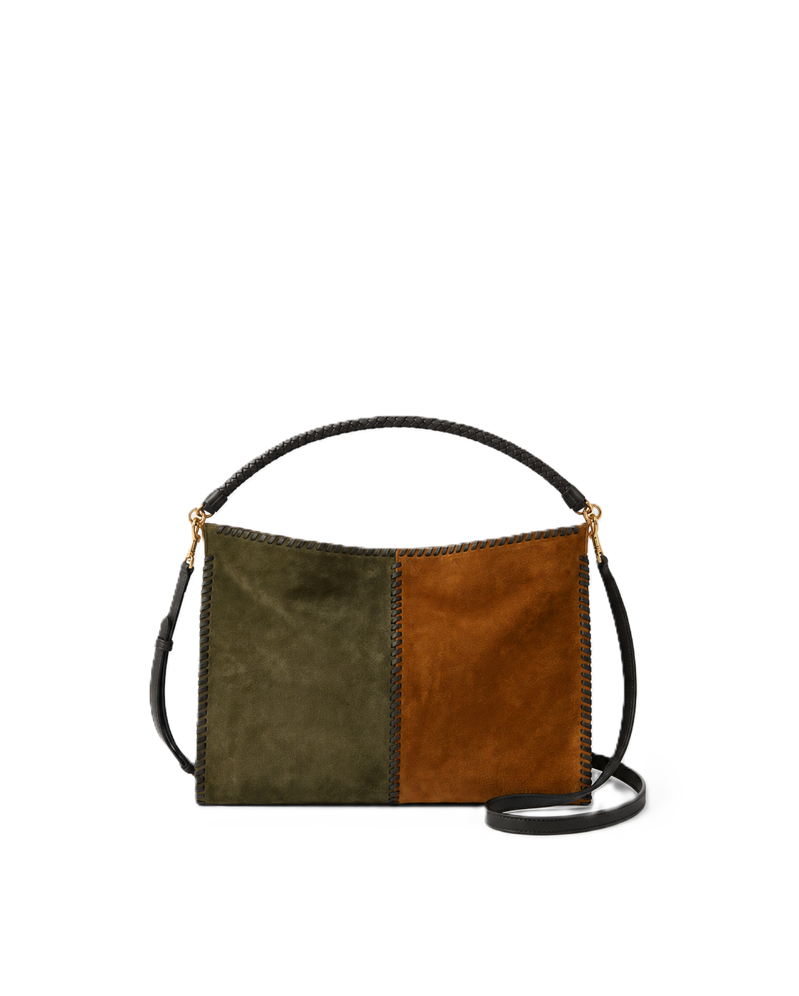 Veronica Beard Suede shoulder bag, olive and brown, braided handle