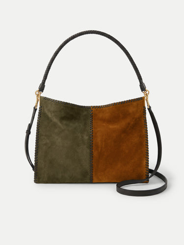 Veronica Beard Two-tone suede shoulder bag with braided strap.