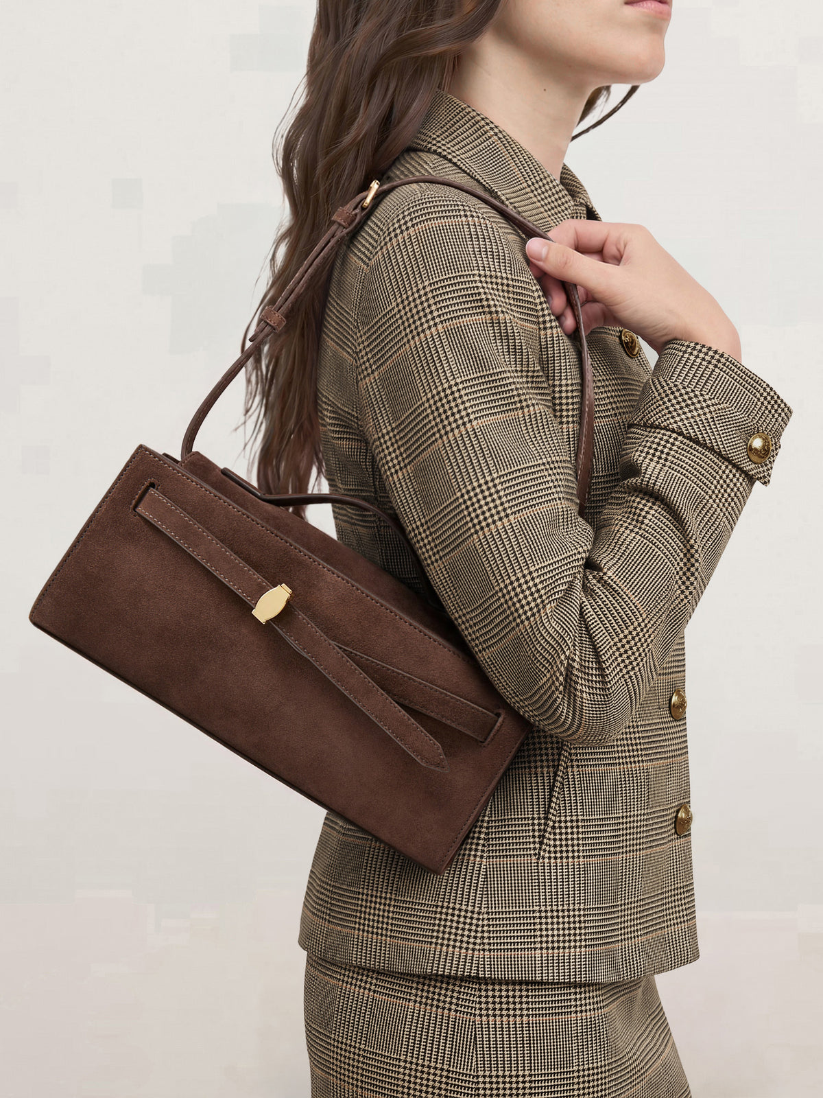 Veronica Beard Brown suede shoulder bag with gold hardware.