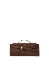 Veronica Beard Brown suede handbag with gold buckle and top handle.