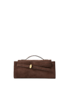 Veronica Beard Brown suede handbag with gold buckle and top handle.