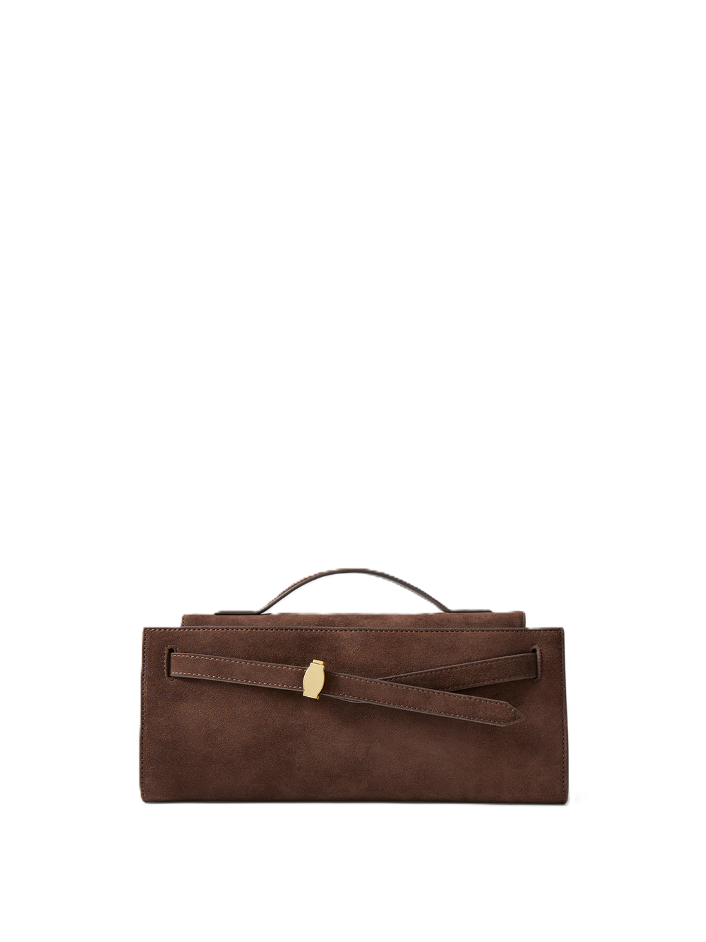 Veronica Beard Brown suede handbag with gold buckle and top handle.