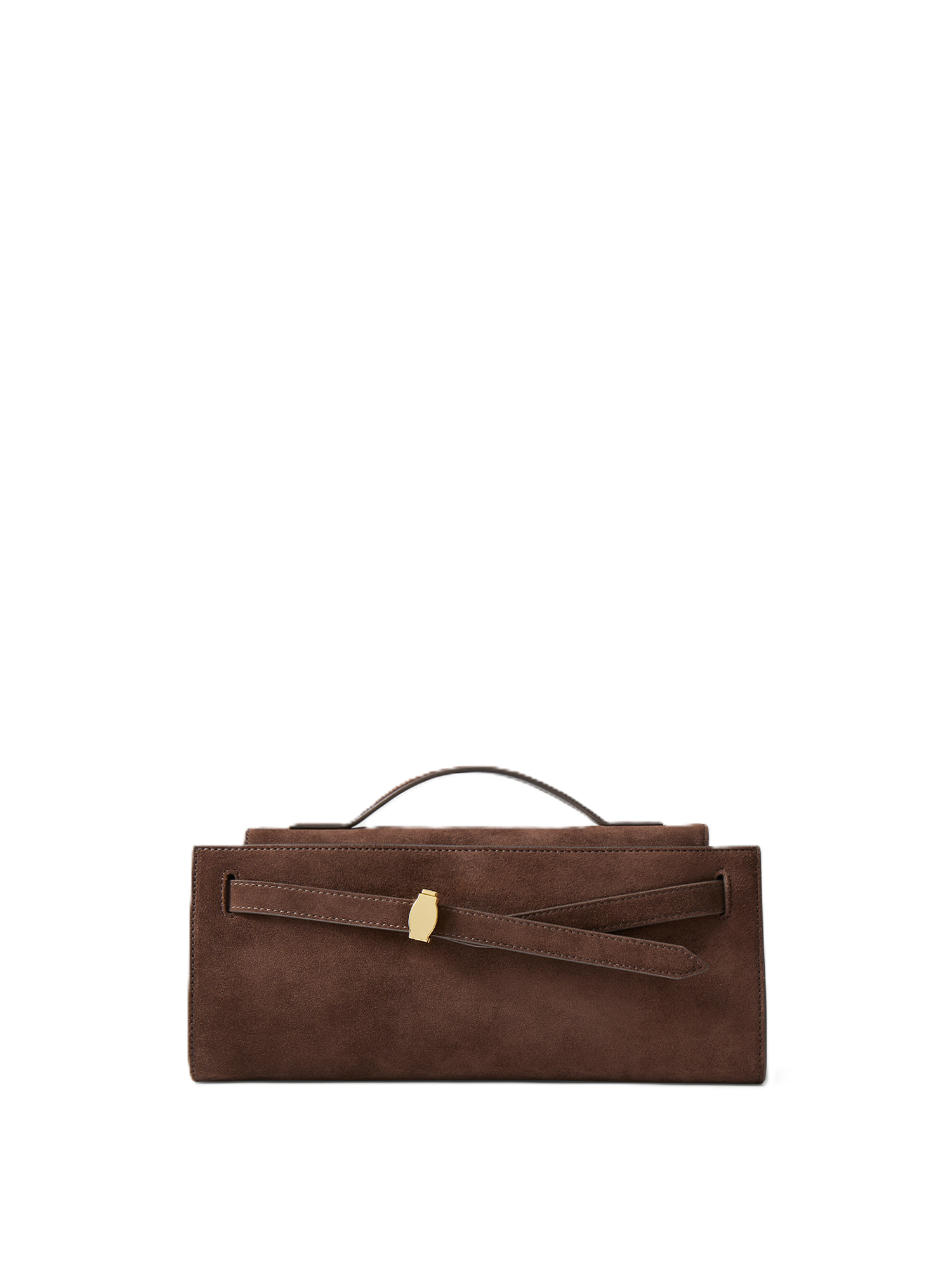Veronica Beard Brown suede handbag with gold buckle and top handle.