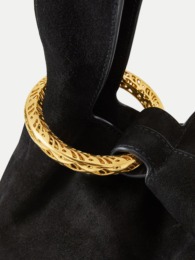 Veronica Beard Black suede handbag with gold ring handle.