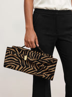 Veronica Beard Brown zebra-print calf hair structured top-handle bag.