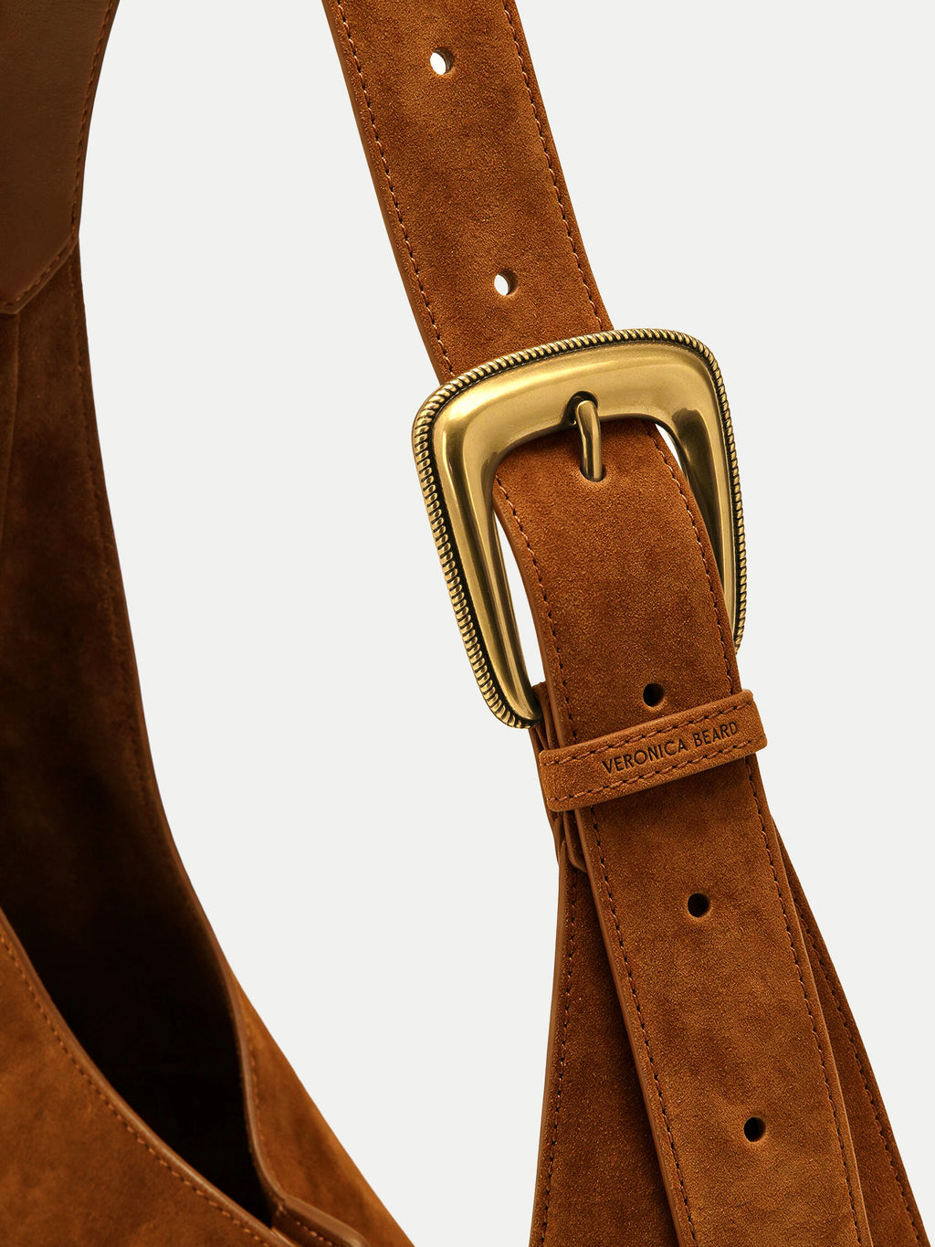 Veronica Beard Brown suede shoulder bag with gold buckle.