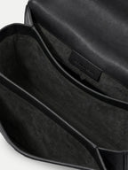 Veronica Beard Black leather structured handbag interior compartments.