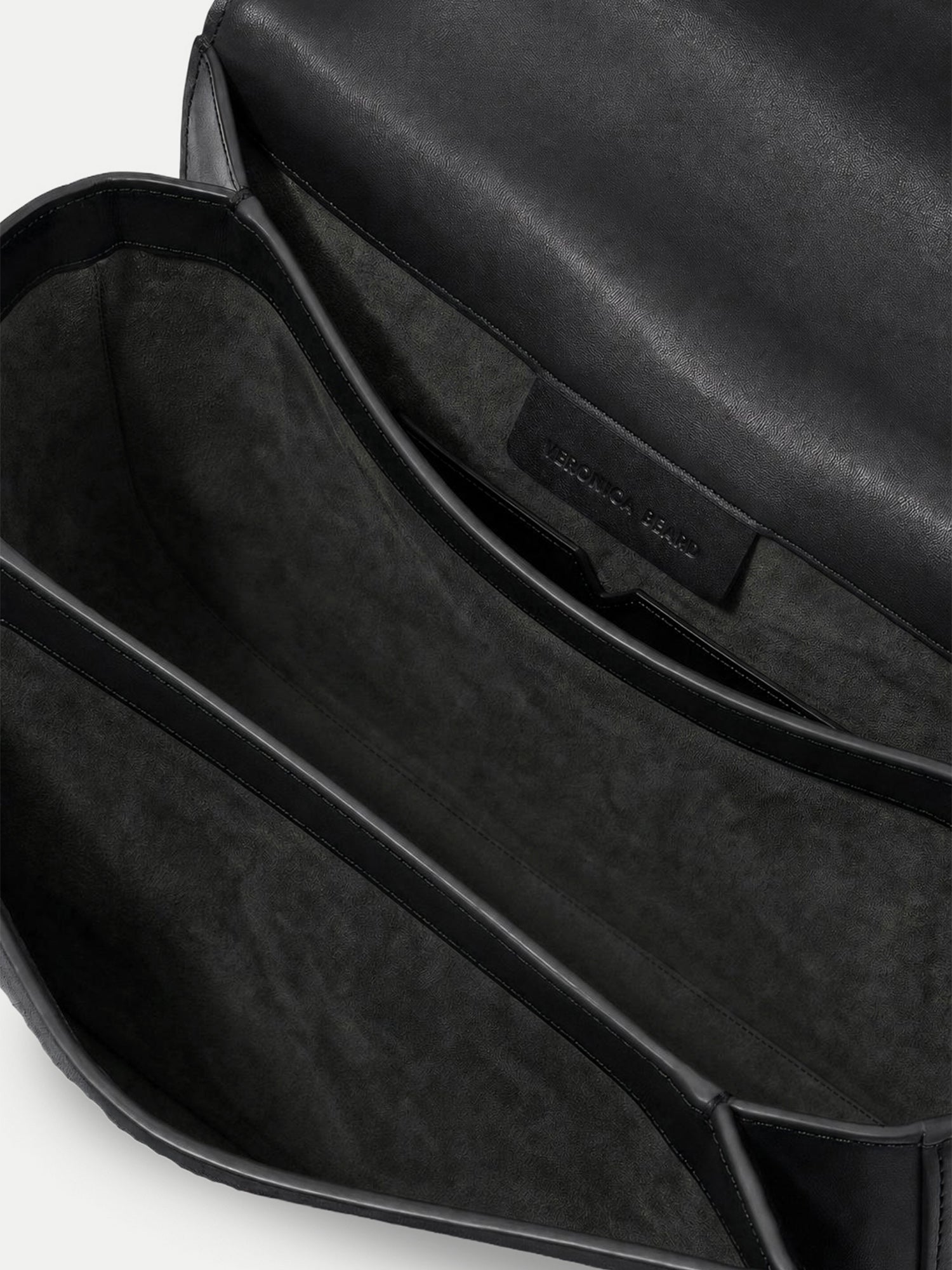 Veronica Beard Black leather structured handbag interior compartments.