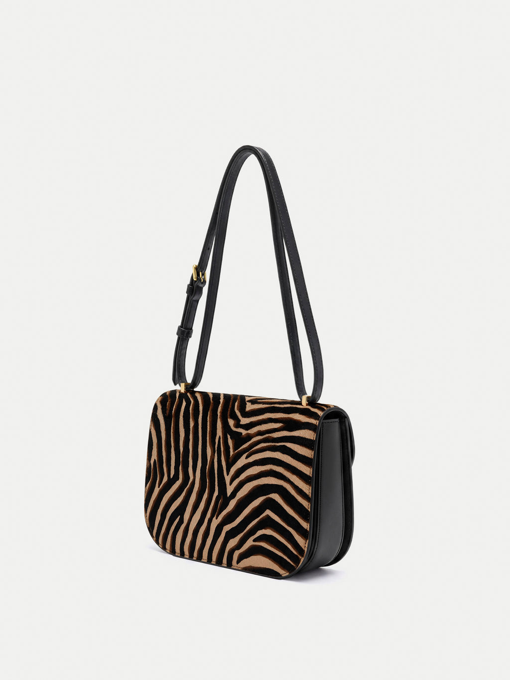 Veronica Beard Zebra print calf hair and black leather shoulder bag.
