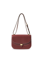Veronica Beard Burgundy leather structured saddle bag with white stitching.