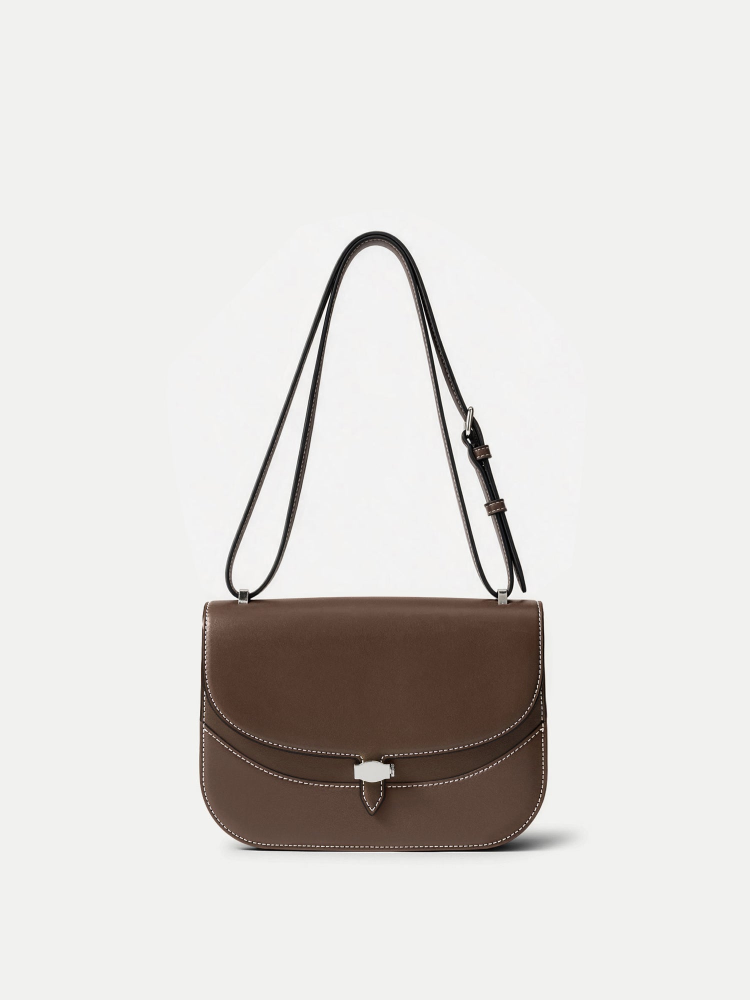 Veronica Beard Brown leather shoulder bag with white topstitching.