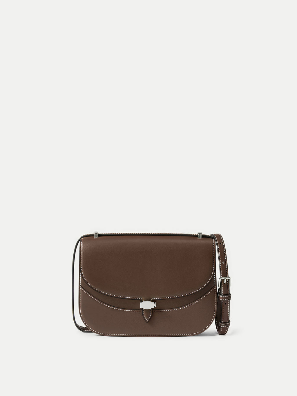 Veronica Beard Brown leather structured crossbody bag with white stitching.