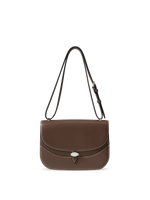 Veronica Beard Brown leather saddle bag with white stitching.