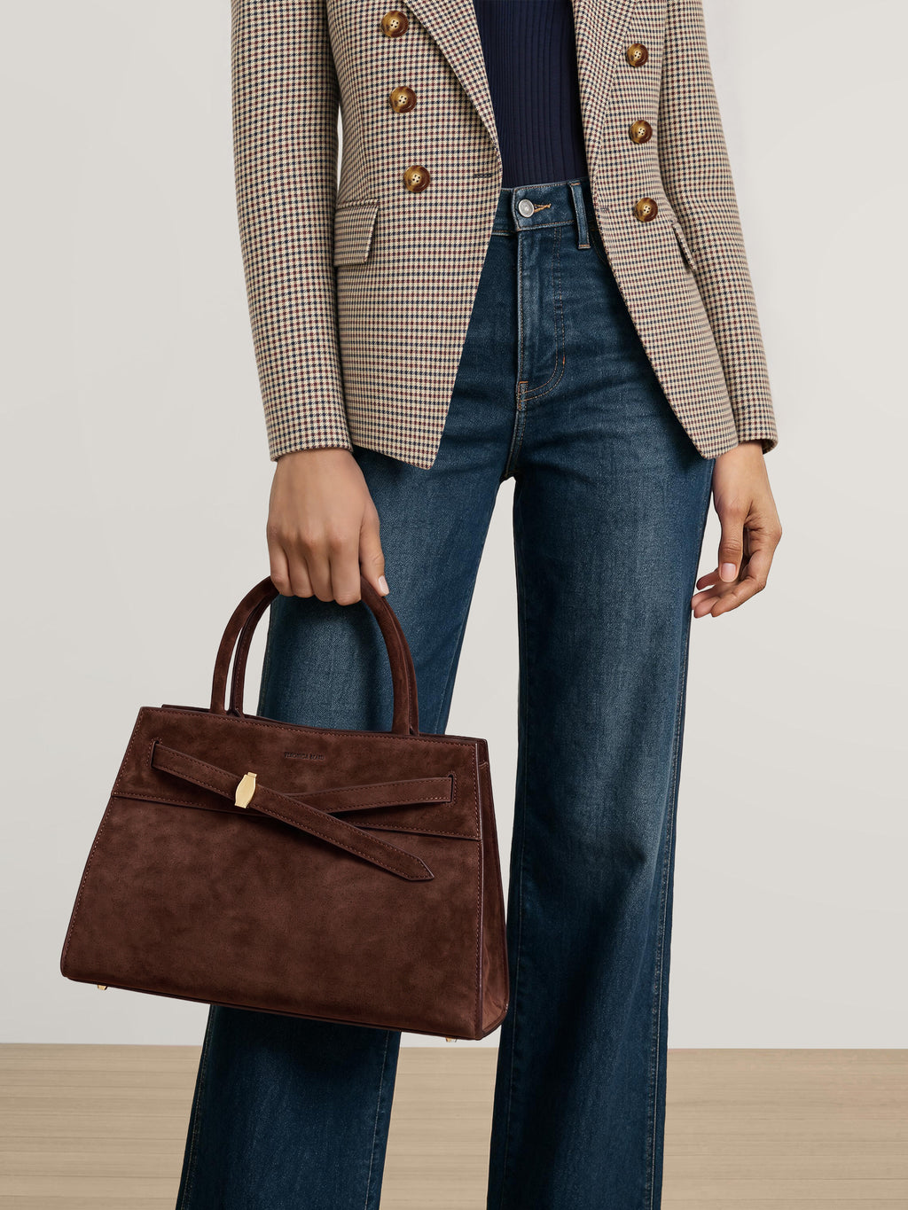 Veronica Beard Brown suede handbag with structured top handles.