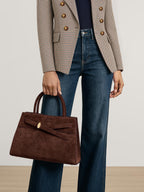 Veronica Beard Brown suede handbag with structured top handles.