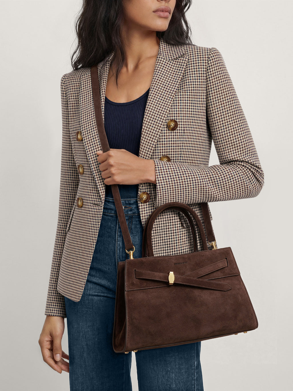 Veronica Beard Brown suede handbag with structured top handle.