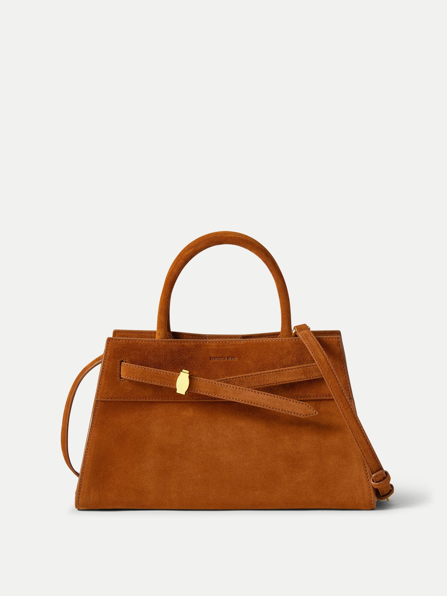 Veronica Beard Brown suede handbag with gold clasp.
