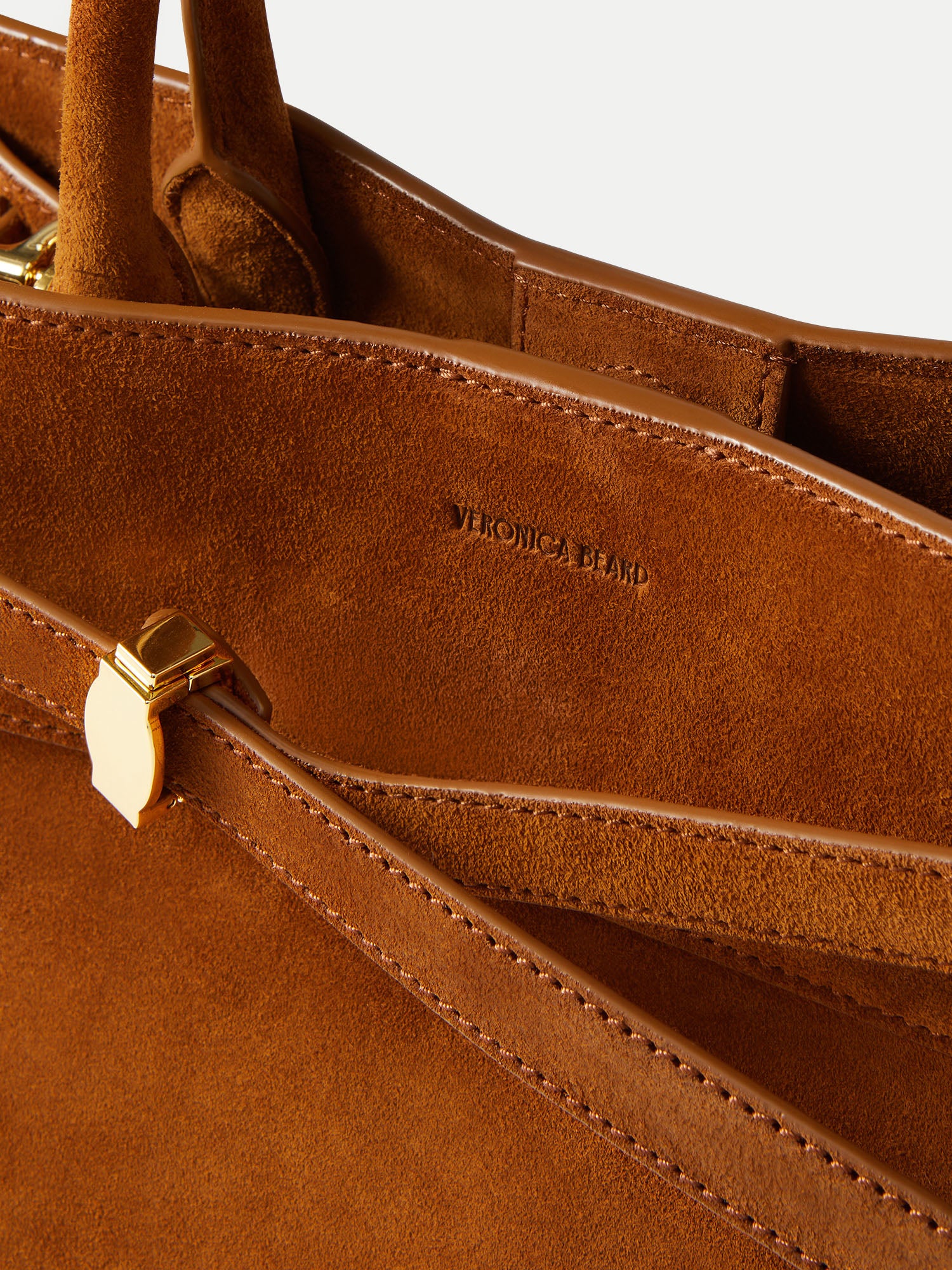 Veronica Beard Brown suede tote bag with gold hardware.