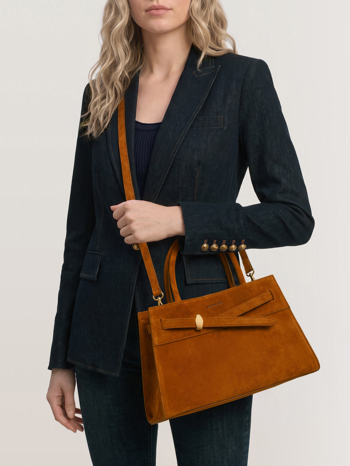 Veronica Beard Brown suede structured shoulder bag with gold clasp.
