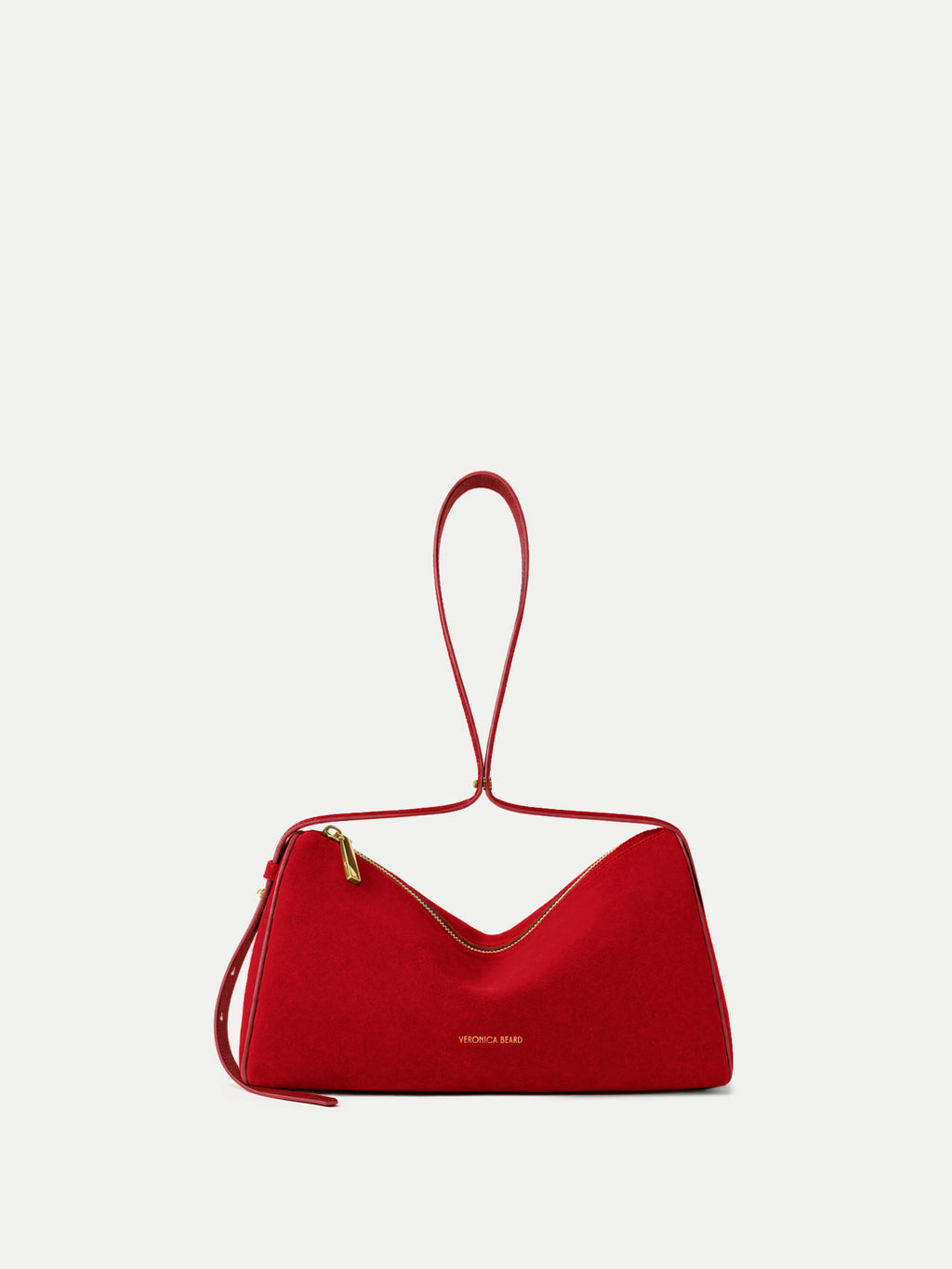 Veronica Beard Red suede structured handbag with looped top handle.