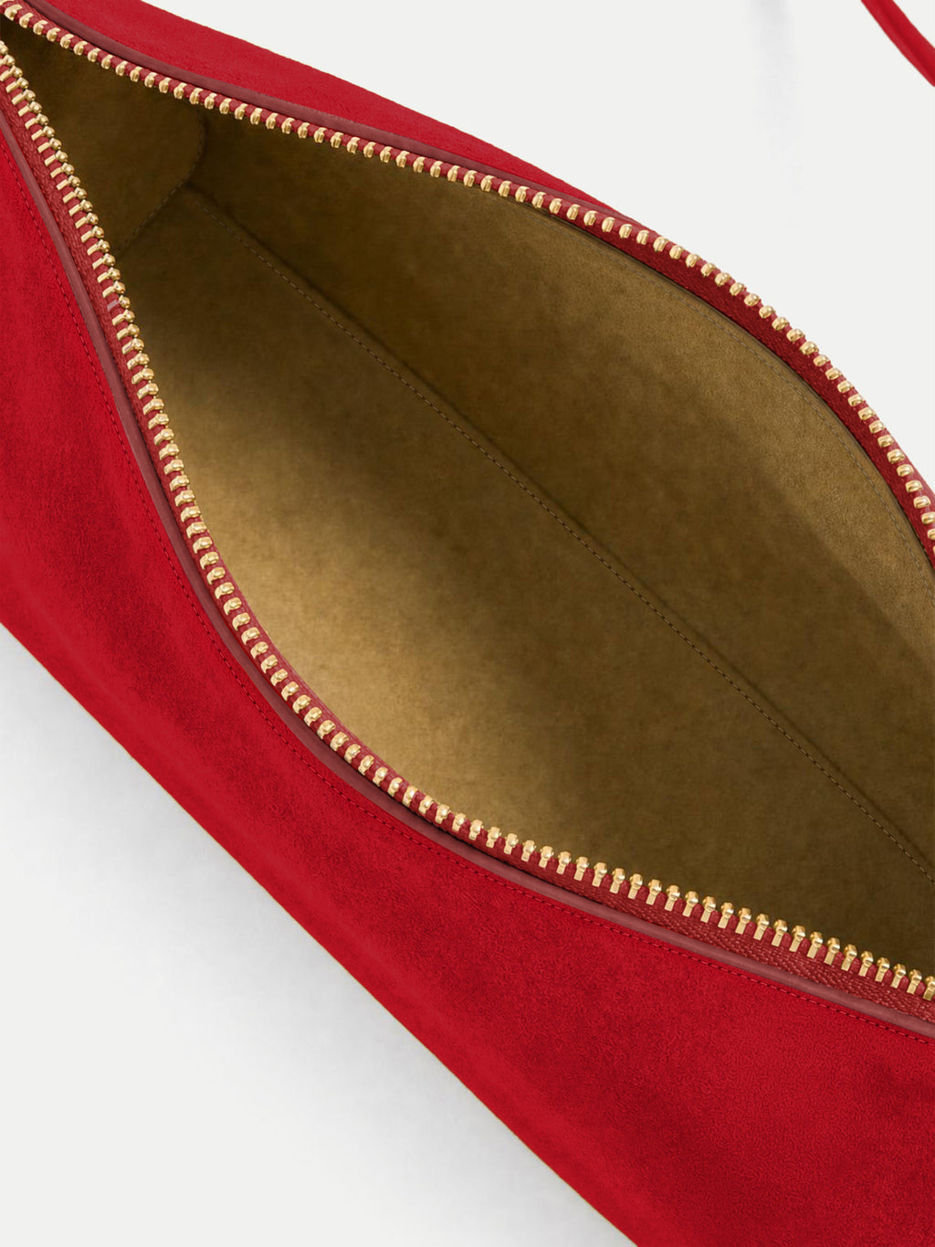 Veronica Beard Red suede handbag with gold zipper open.