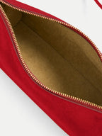 Veronica Beard Red suede handbag with gold zipper open.