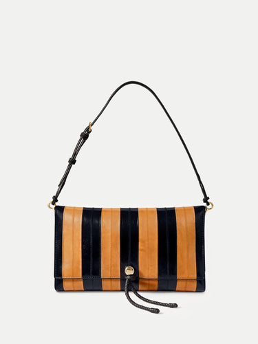 Veronica Beard Black and orange striped leather shoulder bag.