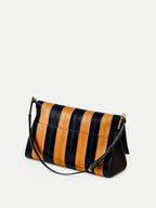 Veronica Beard Black and yellow striped leather shoulder bag.