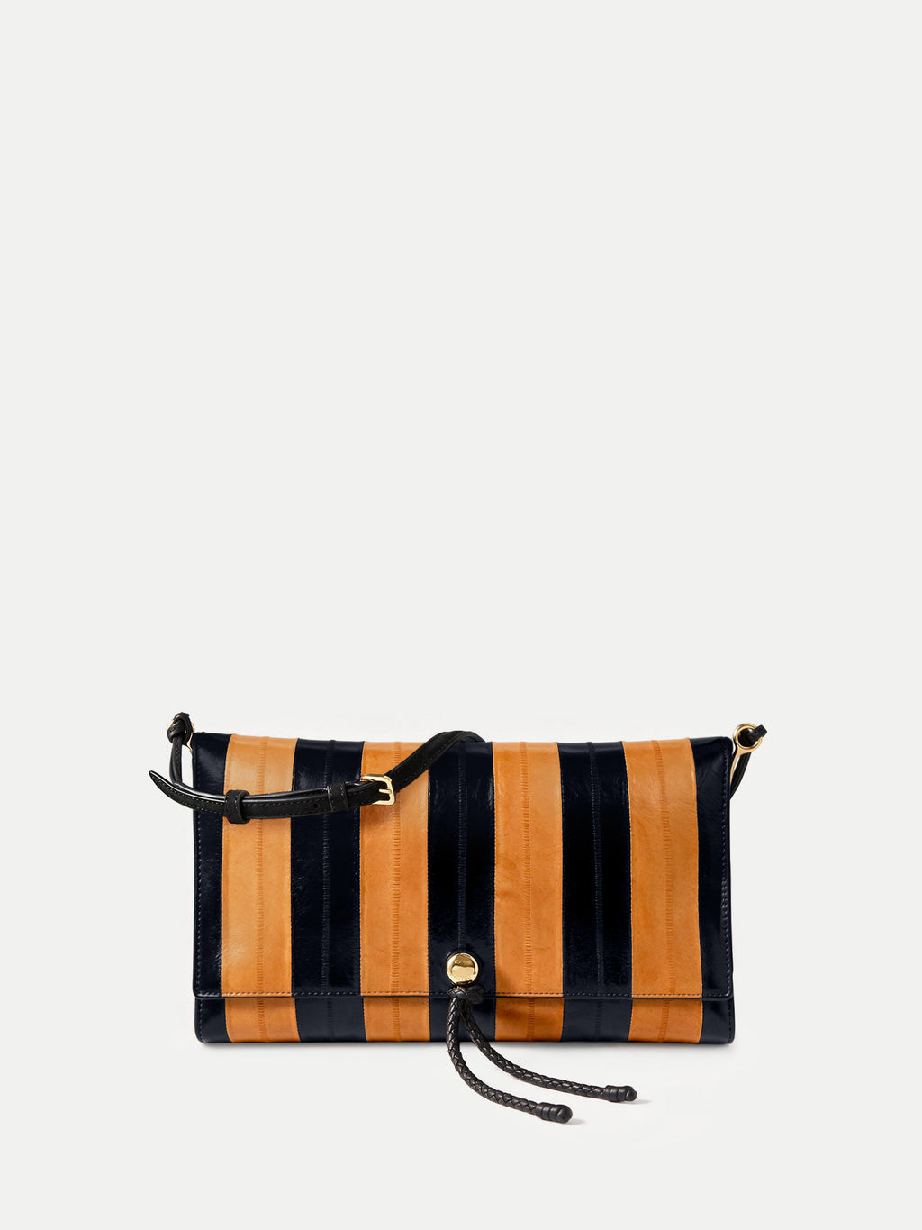 Veronica Beard Striped black and tan leather shoulder bag.