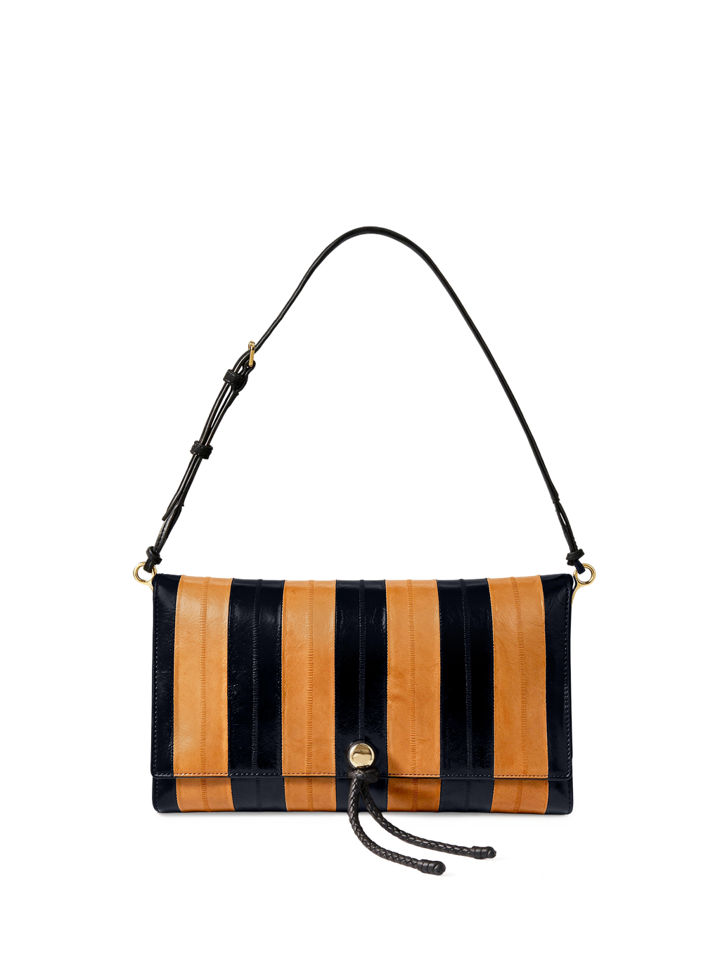Veronica Beard Black and orange striped leather shoulder bag.