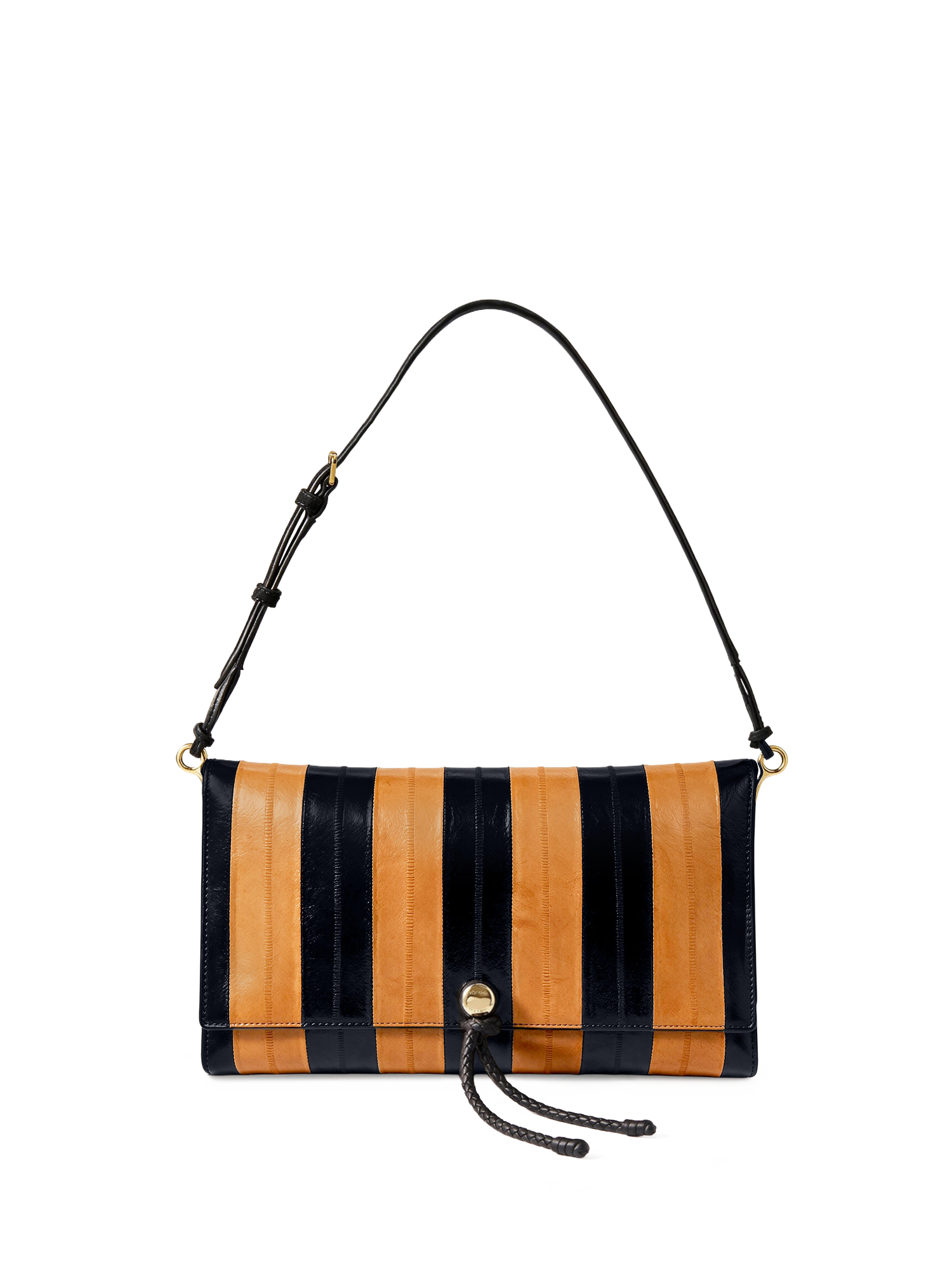 Veronica Beard Black and orange striped leather shoulder bag.