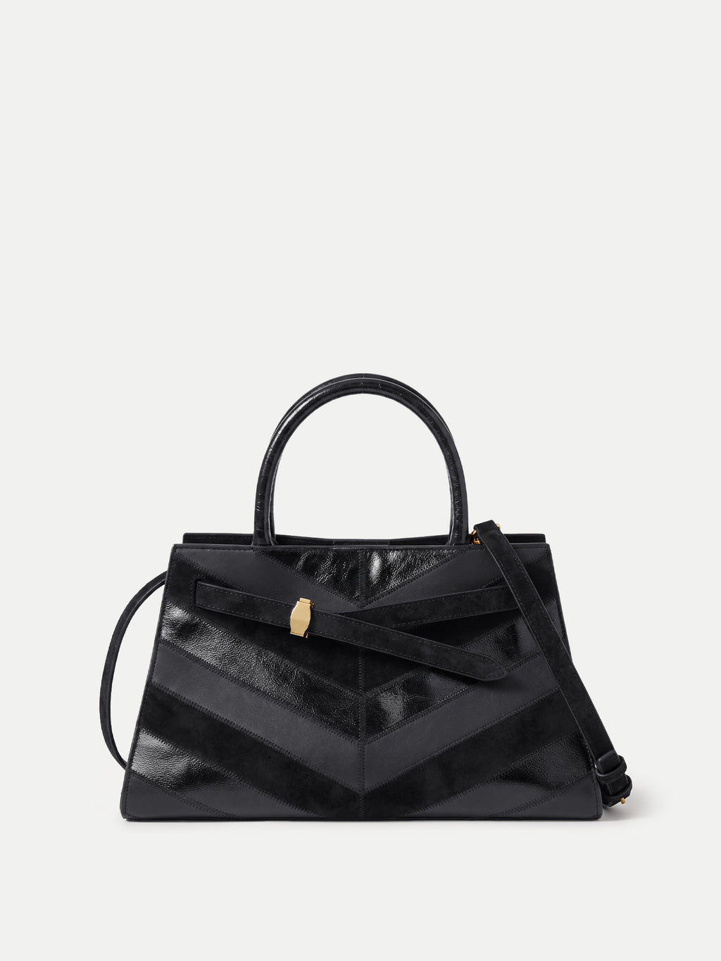 Veronica Beard Black leather chevron handbag with gold clasp.