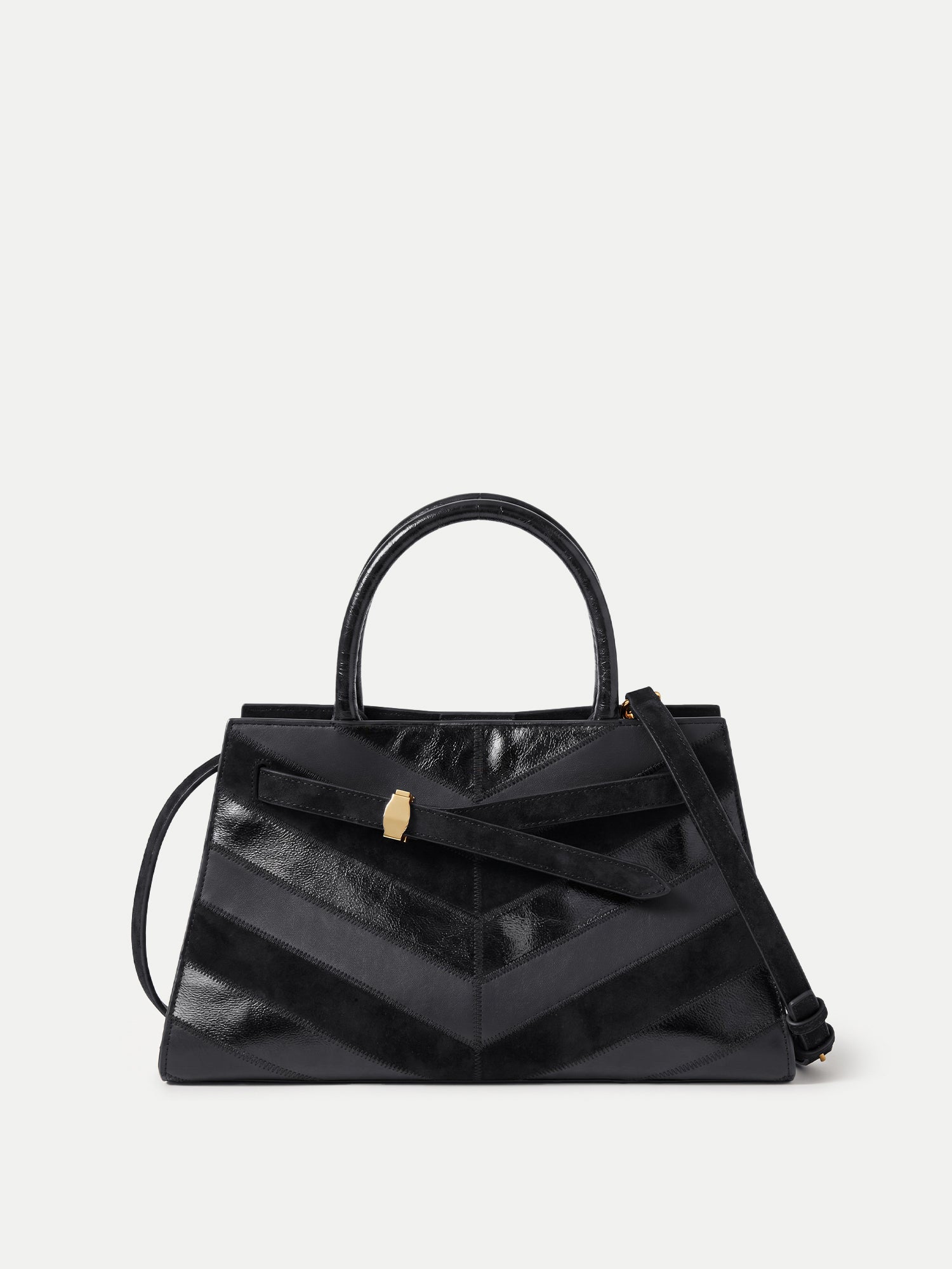 Veronica Beard Black leather chevron handbag with gold clasp.