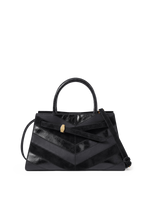 Veronica Beard Black leather and suede chevron handbag with gold hardware.