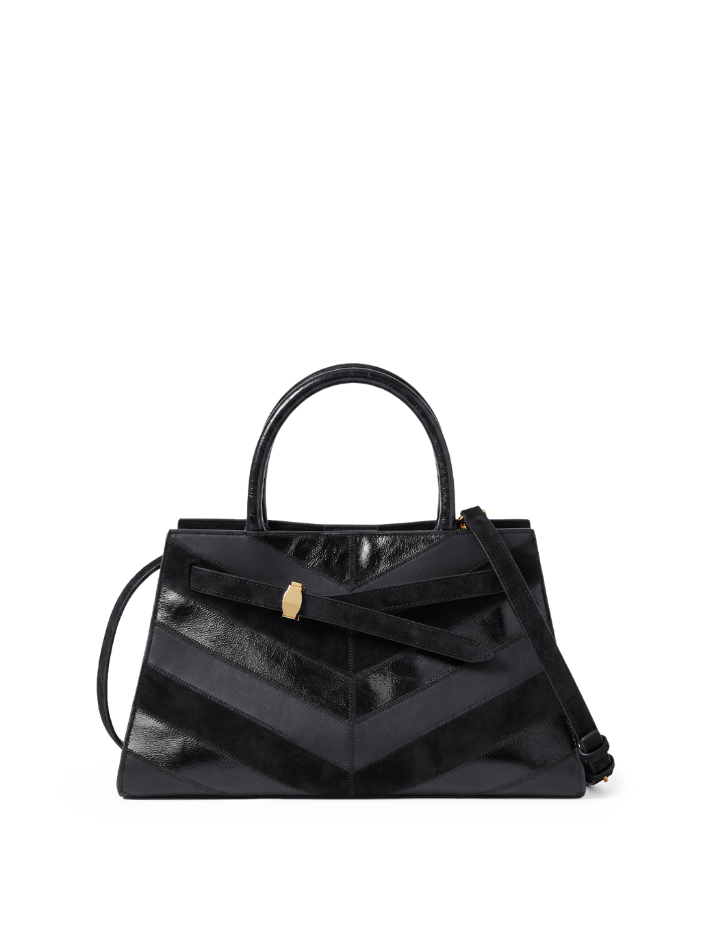 Veronica Beard Black leather and suede chevron handbag with gold hardware.