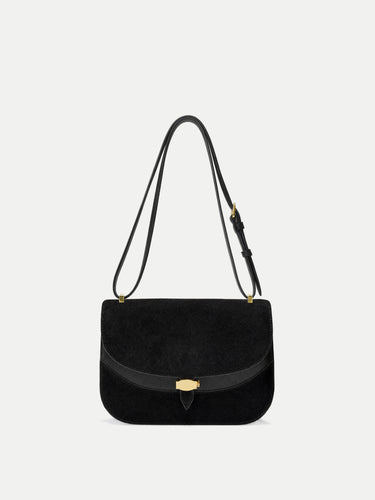Veronica Beard Black suede shoulder bag with gold hardware.