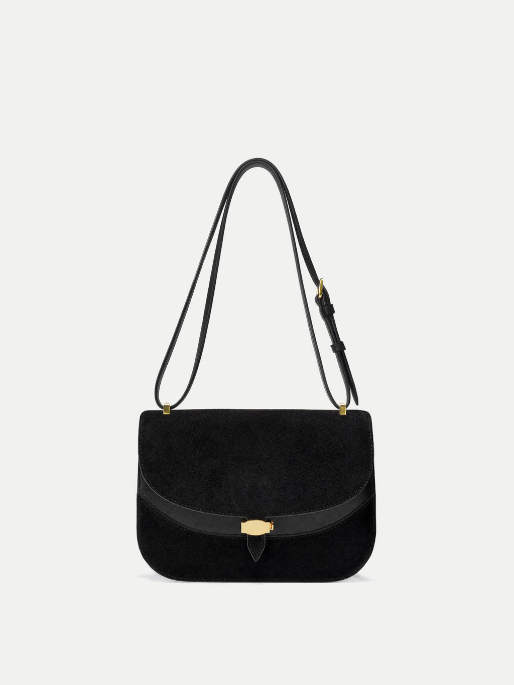 Veronica Beard Black suede shoulder bag with gold hardware.