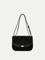 Veronica Beard Black suede shoulder bag with gold hardware.