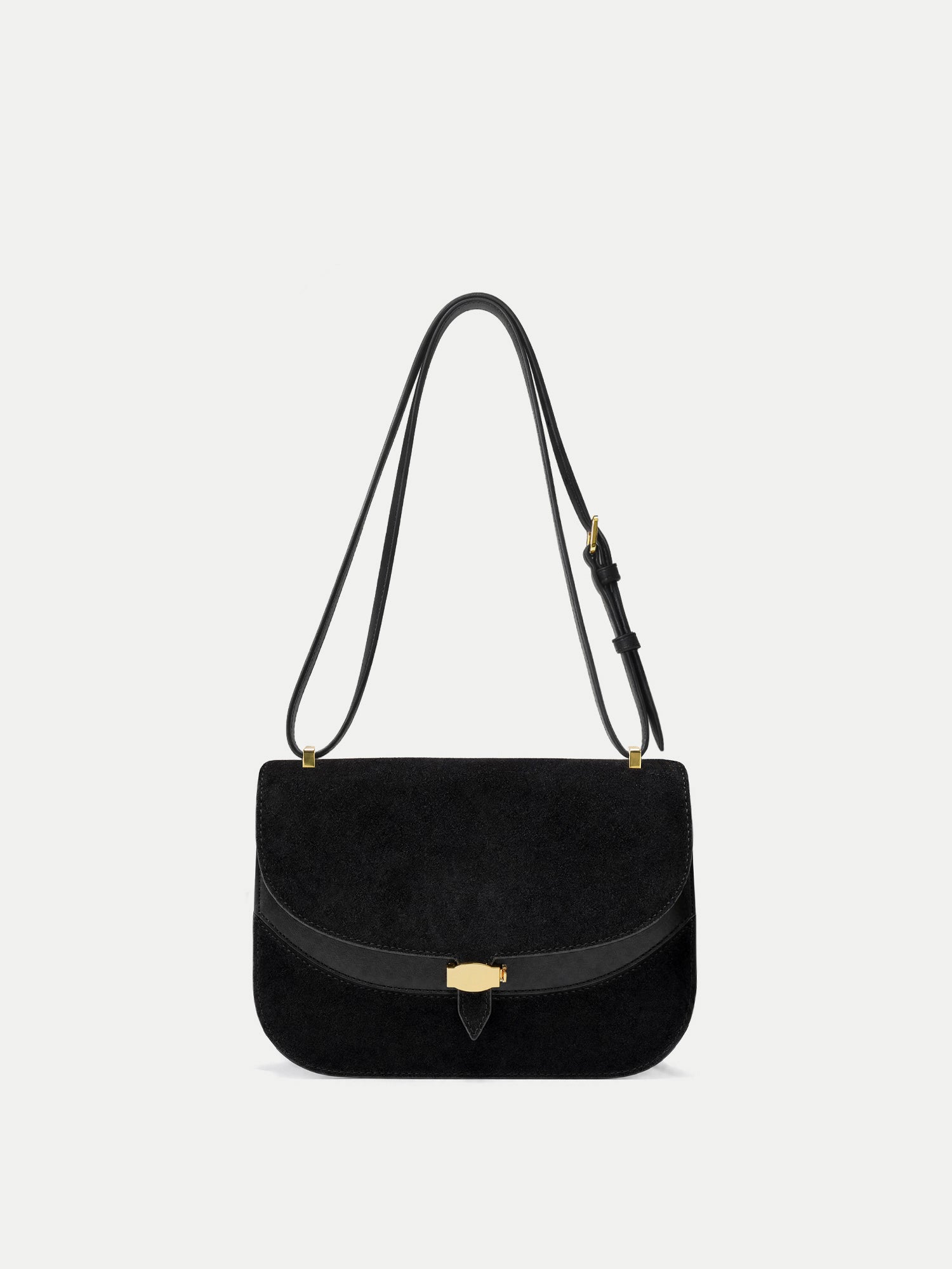 Veronica Beard Black suede shoulder bag with gold hardware.
