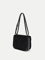Veronica Beard Black suede shoulder bag with gold hardware.