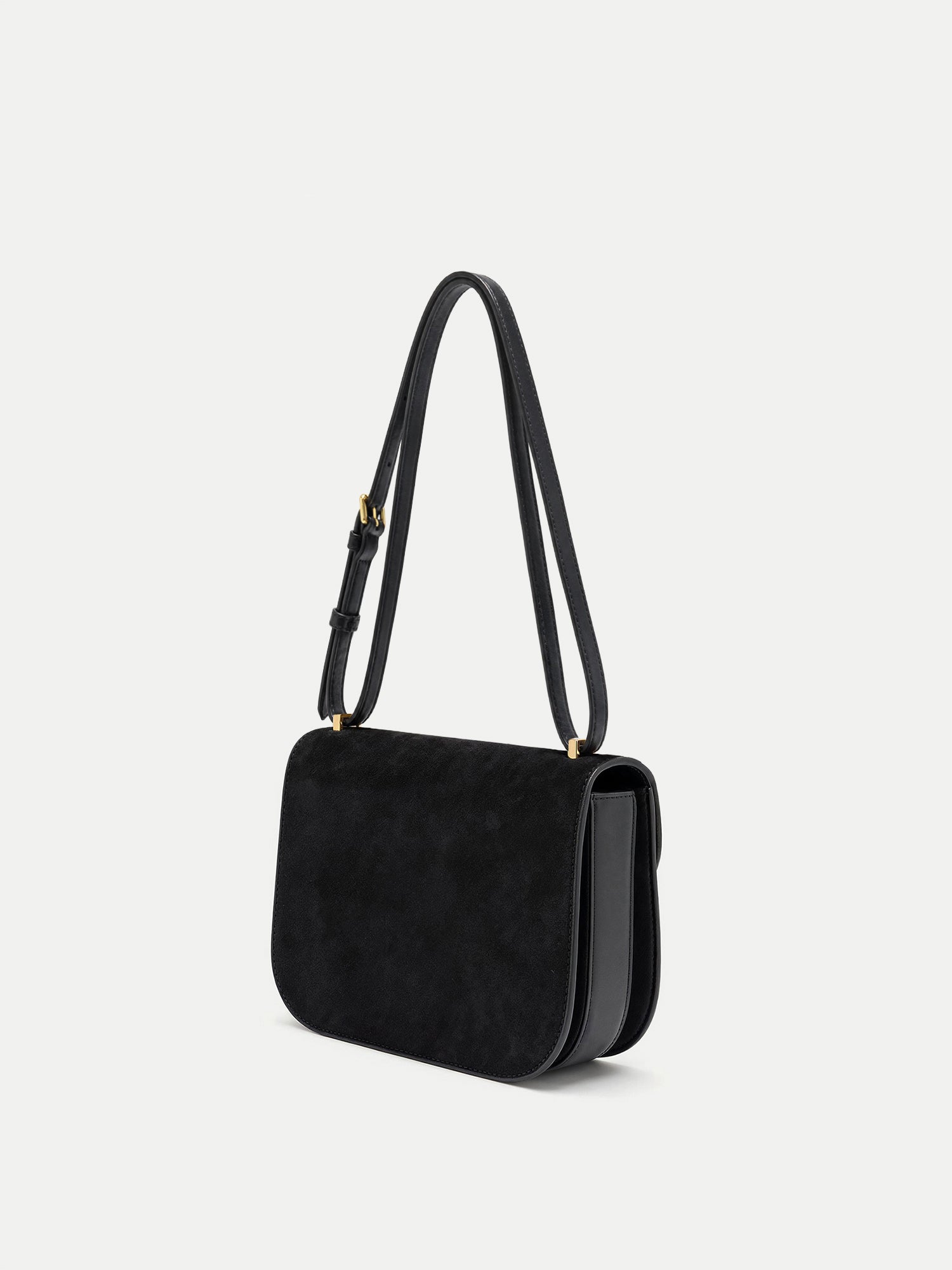Veronica Beard Black suede shoulder bag with gold hardware.