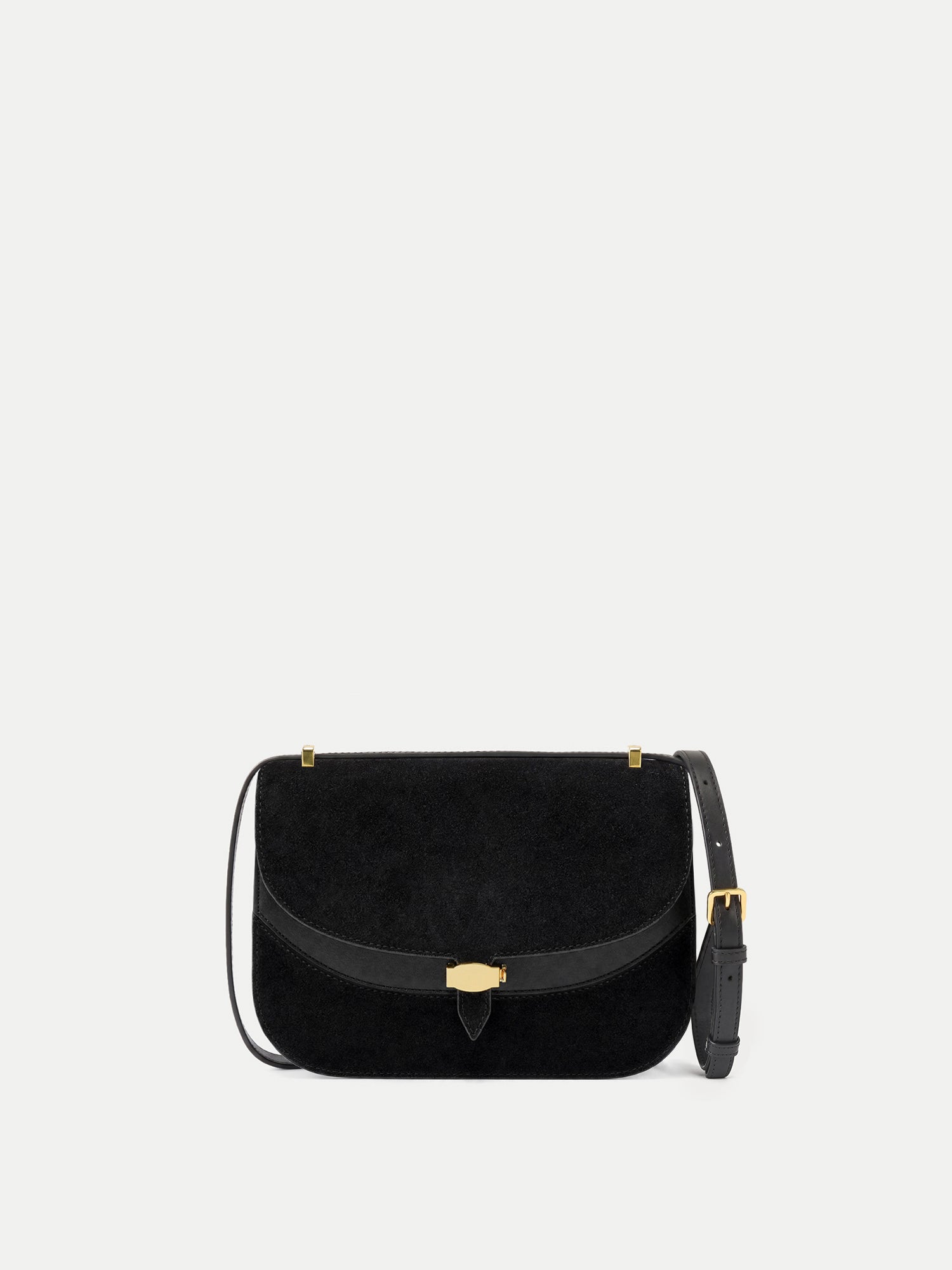 Veronica Beard Black suede and leather crossbody bag with gold hardware.